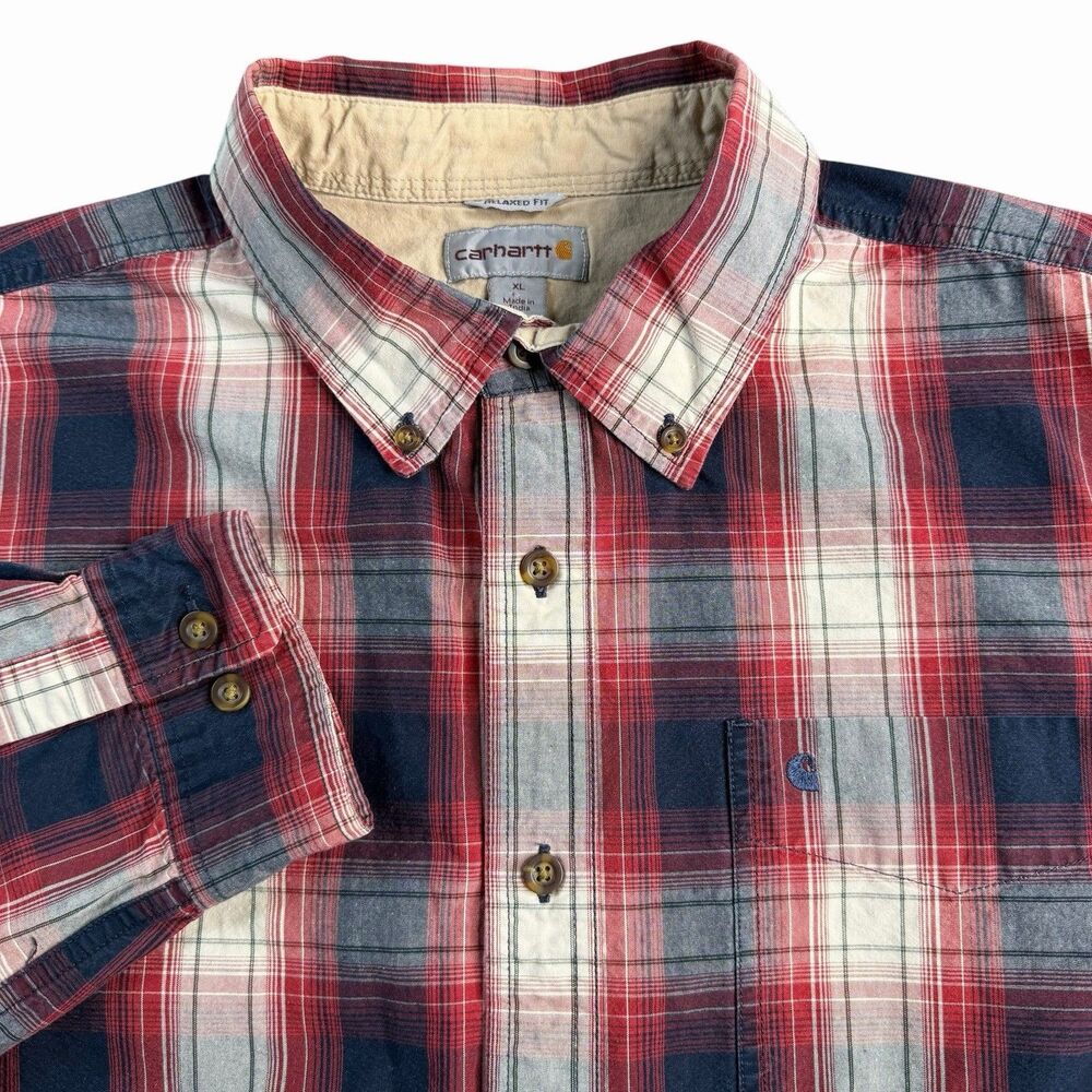 Carhartt Red Blue Plaid Shirt Mens XL Flannel Relaxed Fit Button Down Logo Y2K - Picture 3 of 15